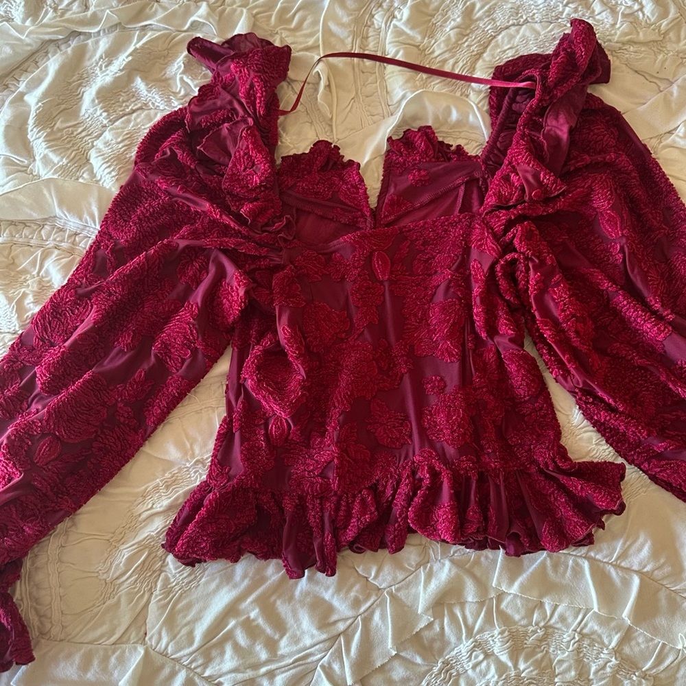 Anthropologie Raspberry Red Ruffled Burnout Blouse - Picture 6 of 7